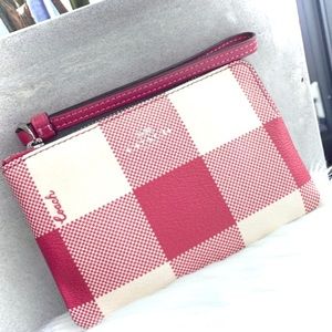 Coach Pink Buffalo Plaid Corner Zip Wristlet